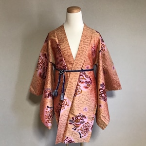 Vintage HAORI Silk Light brown × pattern of Reef and landscape