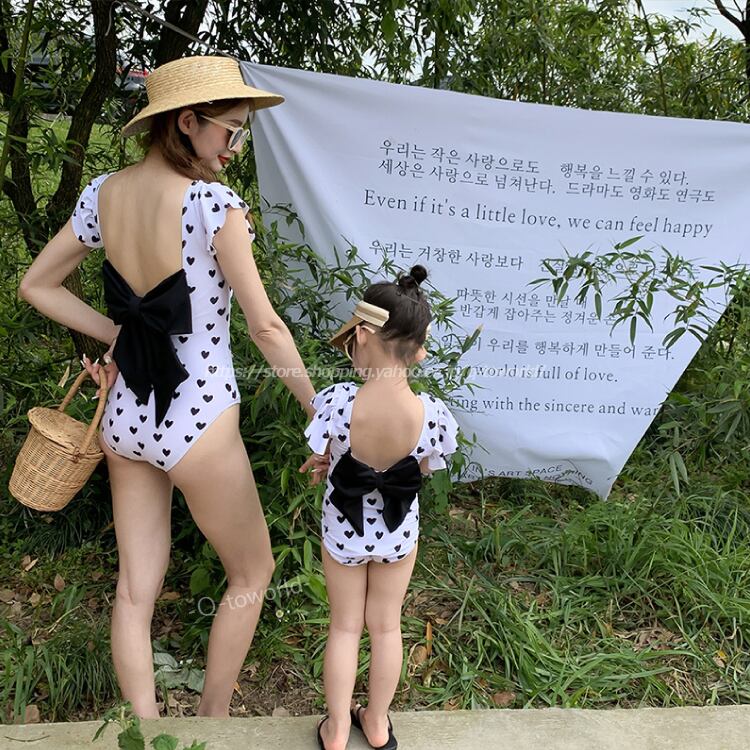 90㎝-140㎝】水着 子供 ハート柄 リボン リンクコーデ(ママサイズ有  