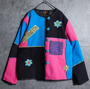 Patchwork pattern collarless jacket