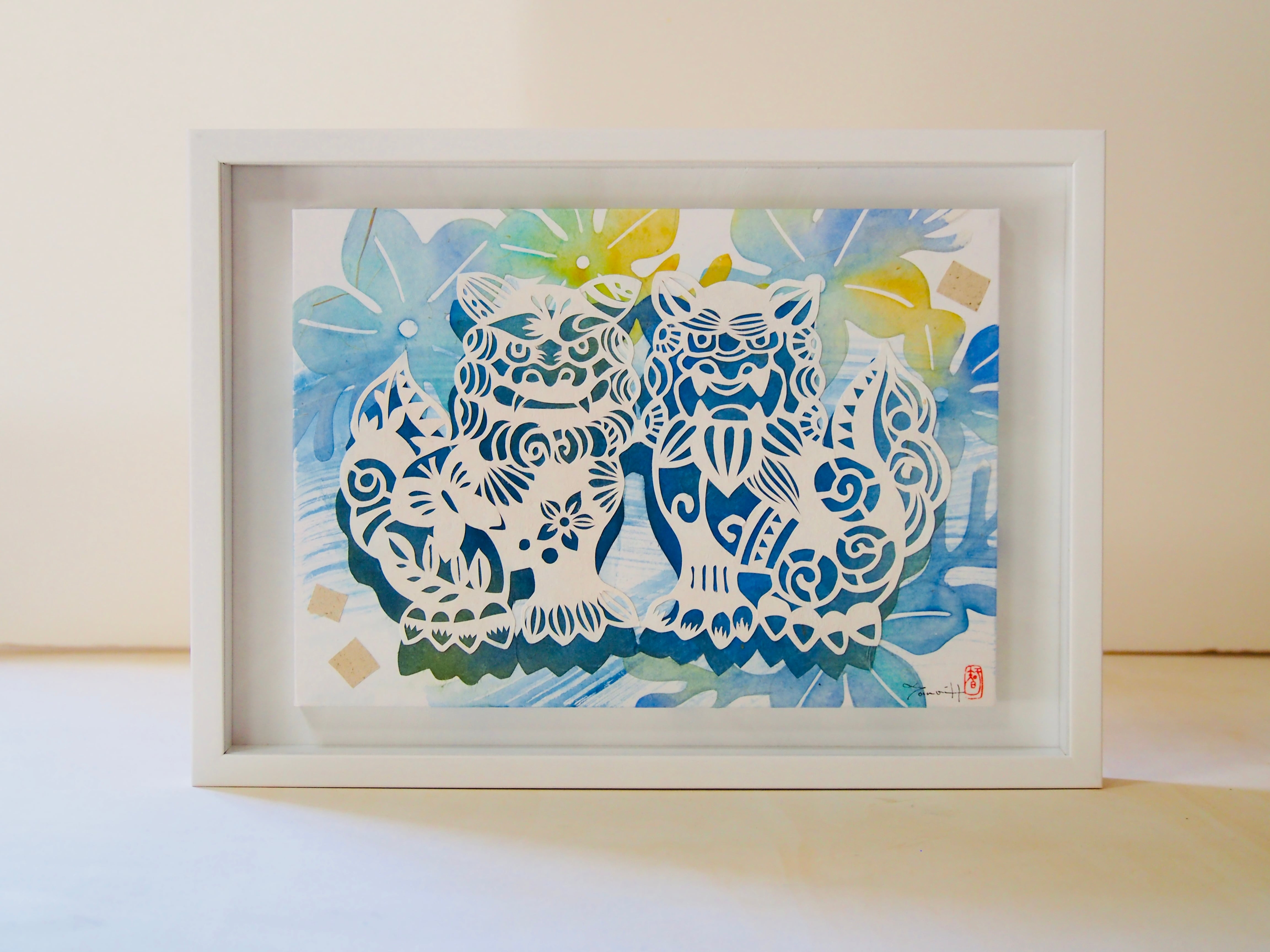 水彩画　シーサー　額縁付き 水彩画シーサー額縁付き