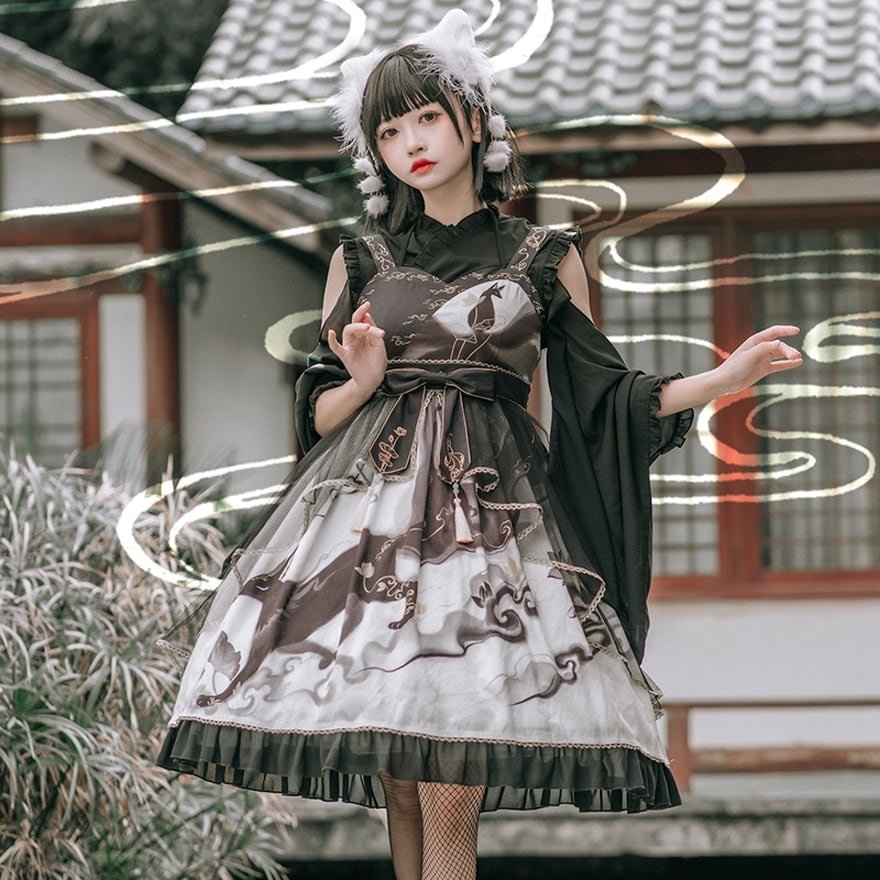 中国風のロリータJSKドレスバイオリン猫弓ロリータジャンパースカート