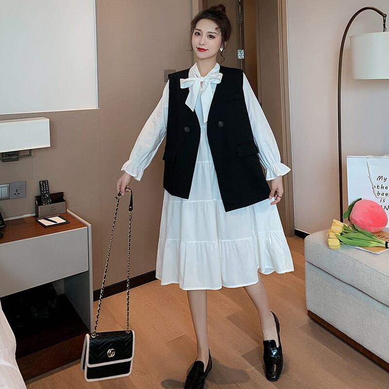 【新作】【送料無料】 マタニティウェア2020秋冬の新しい蝶ネクタイミドル丈ドレス+チョッキツーピースセット妊婦-アリババ リボン オータム 秋物 ウィンター 冬物 expec261032017278