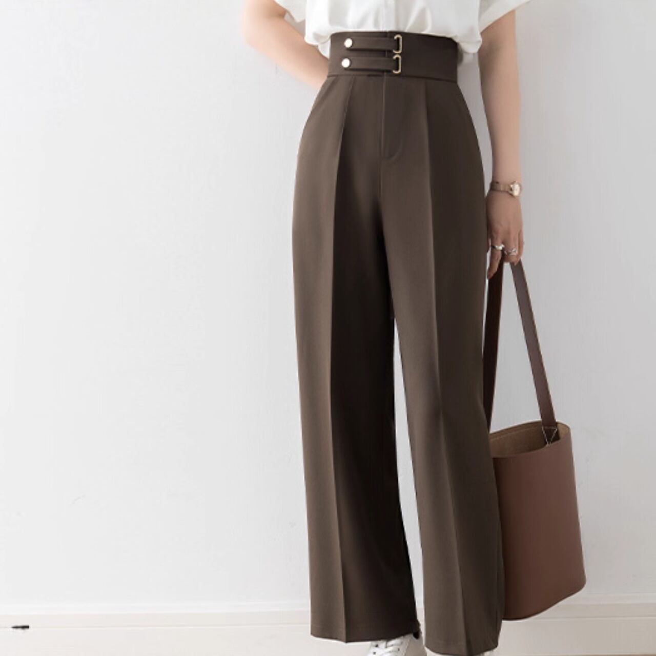 ハイウエスト ベルト付き ワイドレッグ パンツ K1070