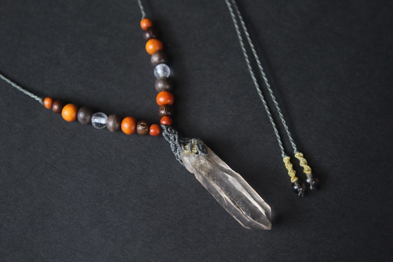 Himalayan crystal micro macrame wood pendant