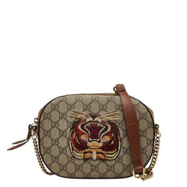 グッチ GGスプリーム タイガー クロスバッグ 斜め掛け ショルダーバッグ 409535 ブラウン ベージュ PVC レザー レディース GUCCI 【中古】