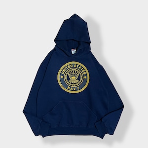 【SOFFE】USA製 ロゴ プリント UNITED STATES NAVY バックプリント パーカー プルオーバー スウェット フーディー hoodie M ネイビー ソフィー 米軍 アメリカ軍 ミリタリー us古着