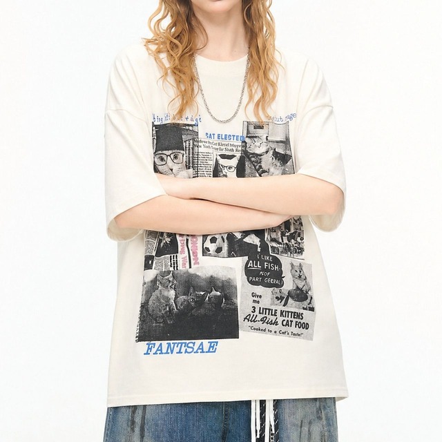 キャットコラージュニュースペーパーグラフィックT 2col R02315