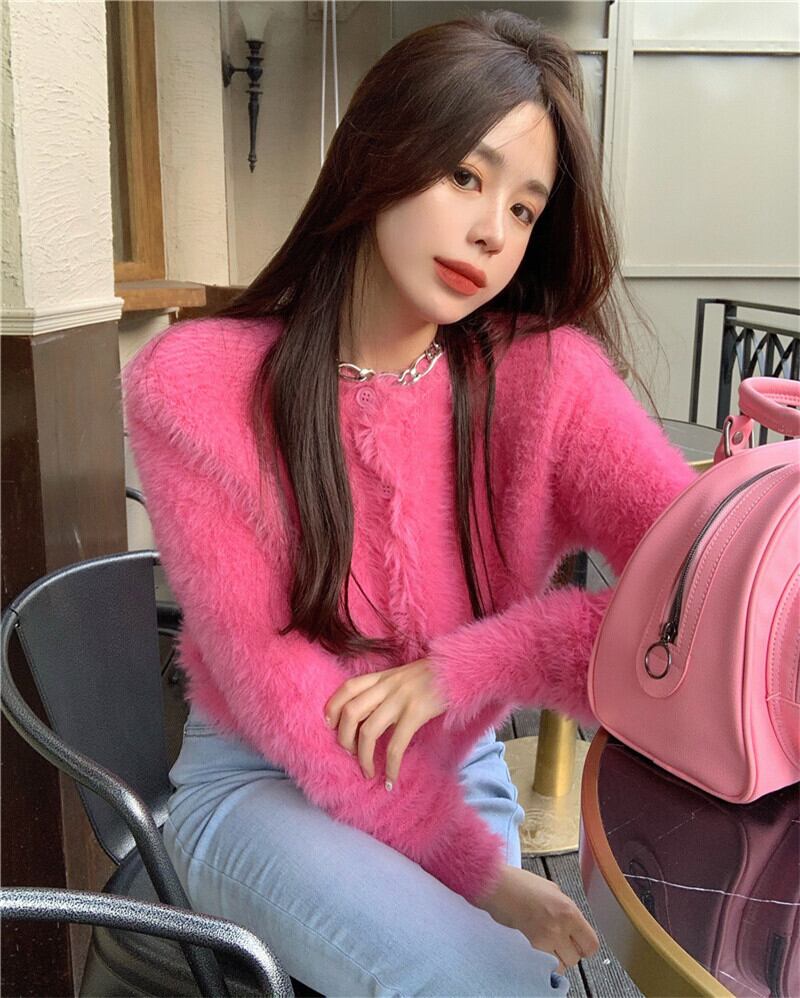 セーター カーディガンジャケット オータムウィンタールーズニットトップス ピンク 秋物 冬物 ブラックストロベリース21500042975