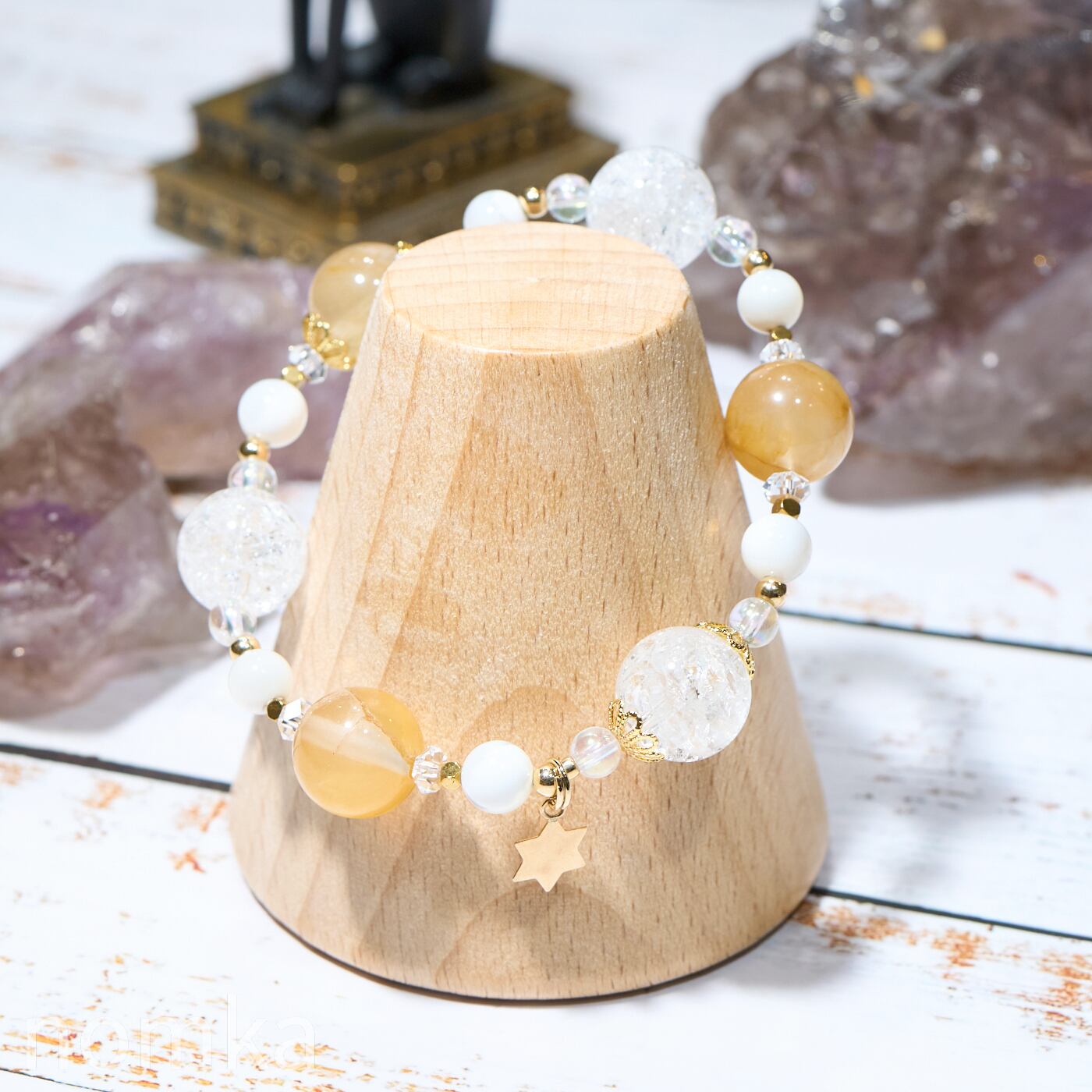 幸福の羅針盤】イエロークォーツ×クラック水晶 デザインゴムブレス(約