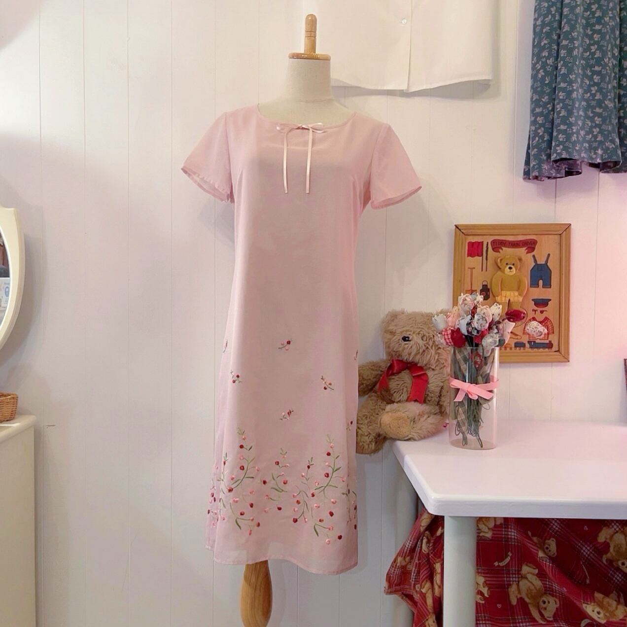 flower embroidery pink sheer one-piece