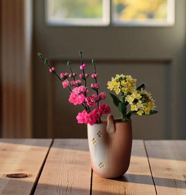 ◆粘土のお花◆　桃と菜の花　【花瓶　信楽焼】M1392