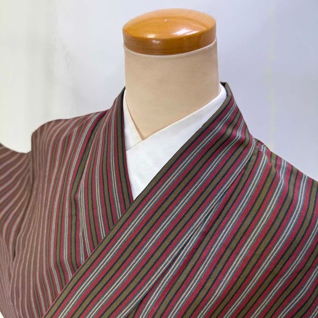 小紋 単衣 洗える着物 裄64.2cm 身丈156.5cm 花柄 お洒落着 普段着 ポリエステル 茶 エンジ 美品 M サイズ 4608