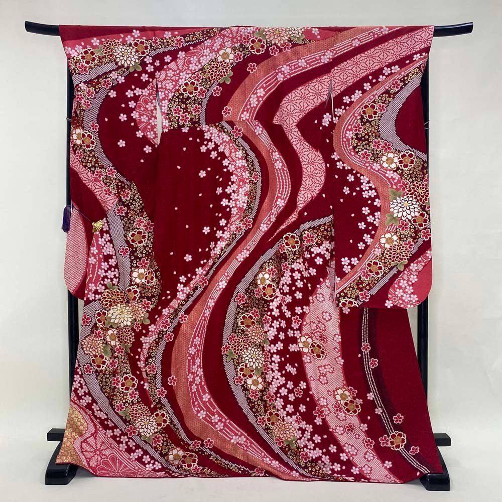 振袖 中古 赤 正絹 古典 裄69.5cm 身丈173cm 美品 L サイズ 成人式 5073