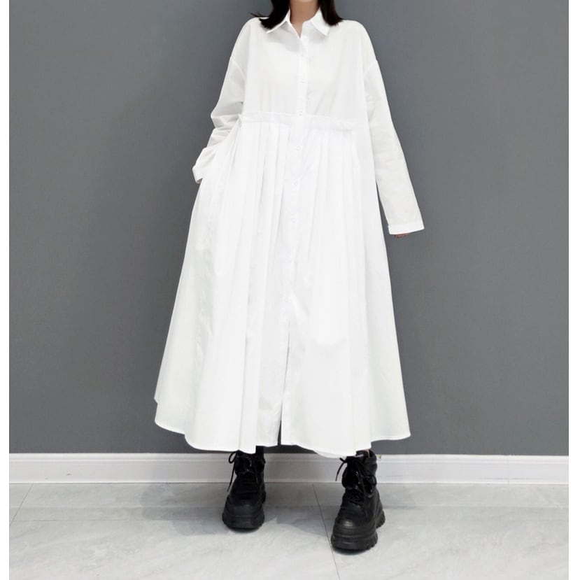 PLEATED A-LINE WHITE LONG SHIRT DRESS 1color M-4248