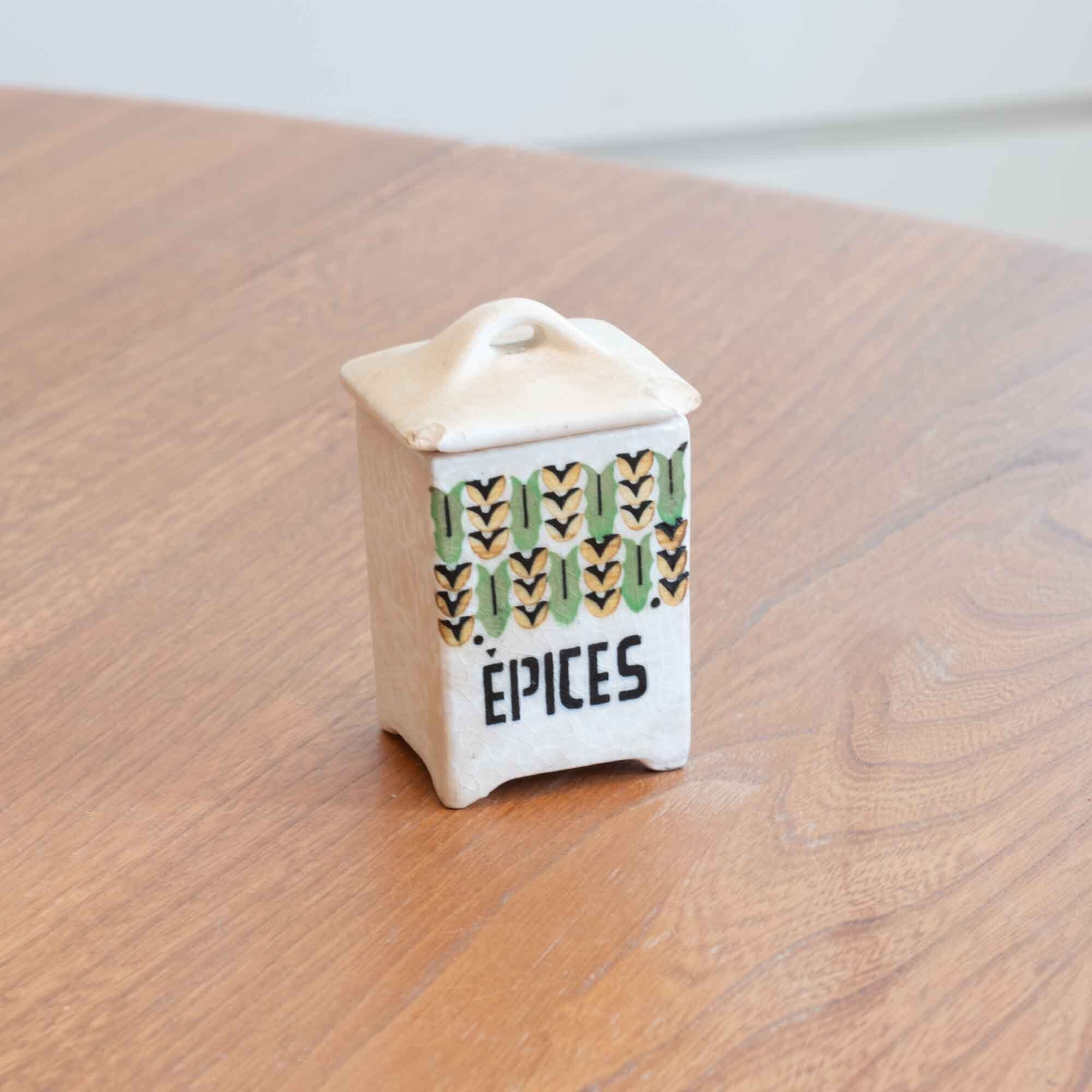 とっても小さい　フランスアンティーク　陶器キャニスター単品　EPICES スパイス入れ