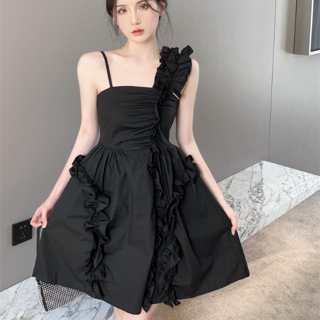 【予約販売】ワンピース レディース フリル Aライン ワンショルダー 背中見せ ミニワンピース 細見え ブラック 黒 フォーマル お呼ばれ 結婚式 ドレス きれいめ ワンピ 大人可愛い エレガント おしゃれ こなれ感 韓国 S/M/L