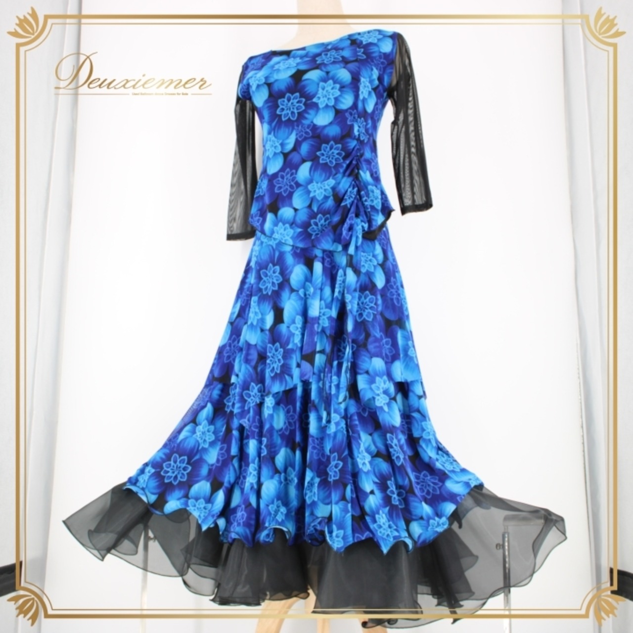 社交ダンス 衣装 スタンダード 上下セット ツーピース レッスンウェア パーティ衣装 レディース 青 黒 ブルー系 ブラック系 花柄 レース 長袖 花模様 エレガント おしゃれ フェミニン パフォーマンス ダンス衣装 上品 カジュアル 春夏 秋冬 伸縮性 リラックスフィット ウエストゴム 送料無料