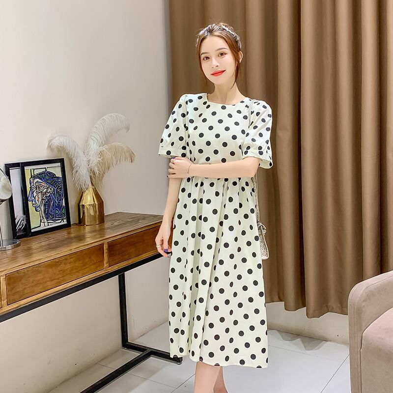 【新作】【送料無料】 マタニティウェア2020夏の新しいコットンリネン水玉スクエアネックドレス、トレンディなマザーミドル丈で年齢を減らすマタニティドレス-アリババ サマー 夏物 スクウェア expec28727087276