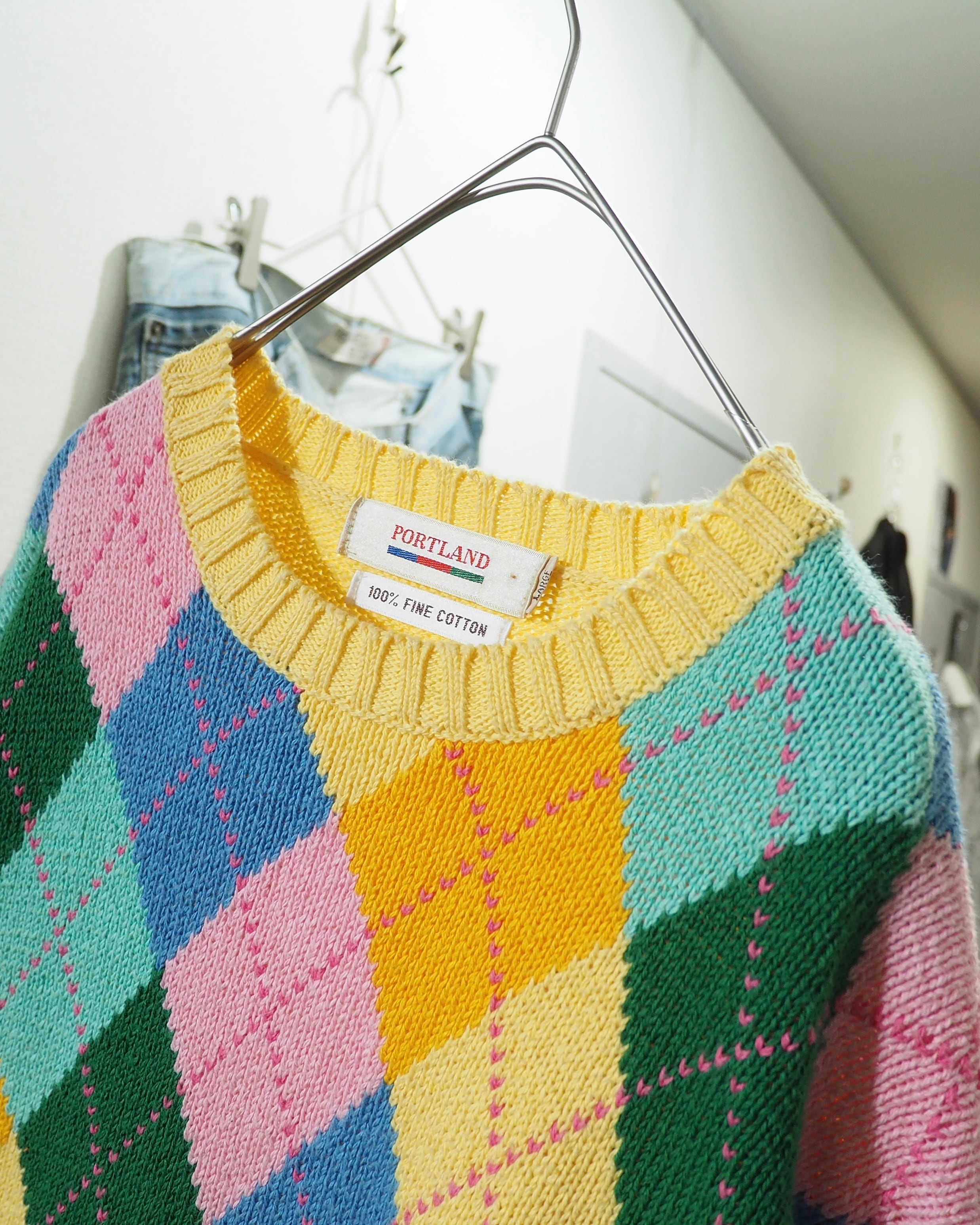 1990s ” Fine Cotton ” Colorful Pastel Argyle Pattern Vintage Knit