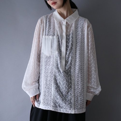 multi lace switching pattern half-button see-through shirt pullover