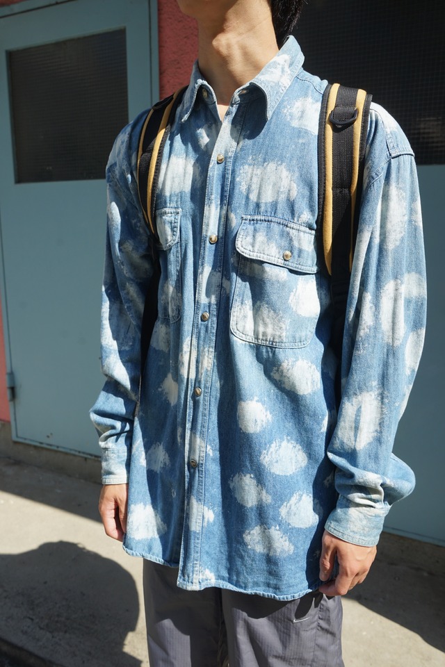 Corsaire Bleached Cloud Wash Indigo Denim Work Shirt Double Pocket Long Sleeve Shirt