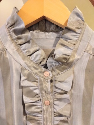 フランス調ストライプフリルブラウス/アンティークトップスレトロ古着服国産レナウン