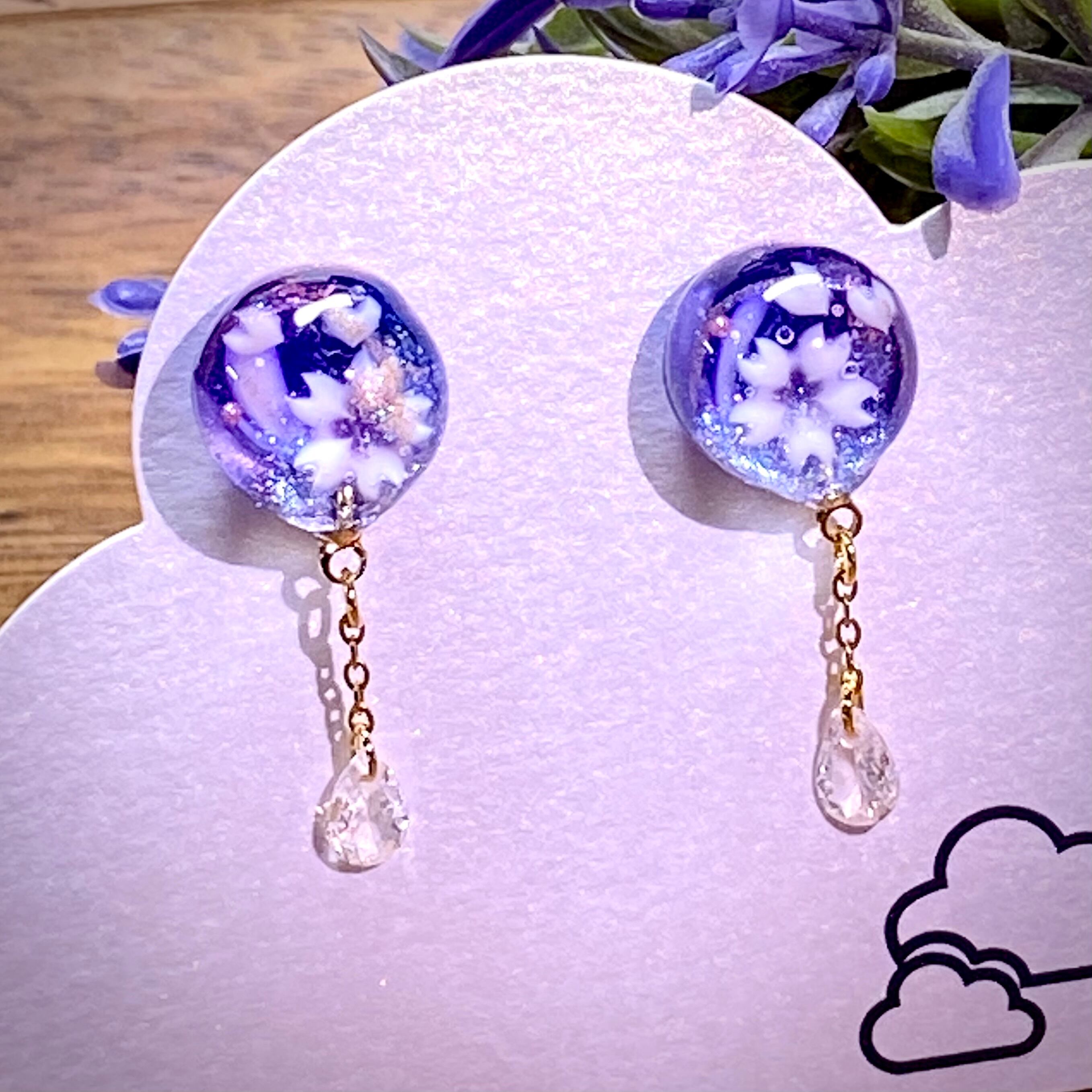 レジンキャッチ式ピアス  桜とドロップ型キュービックジルコニア/パープル  サージカルステンレス