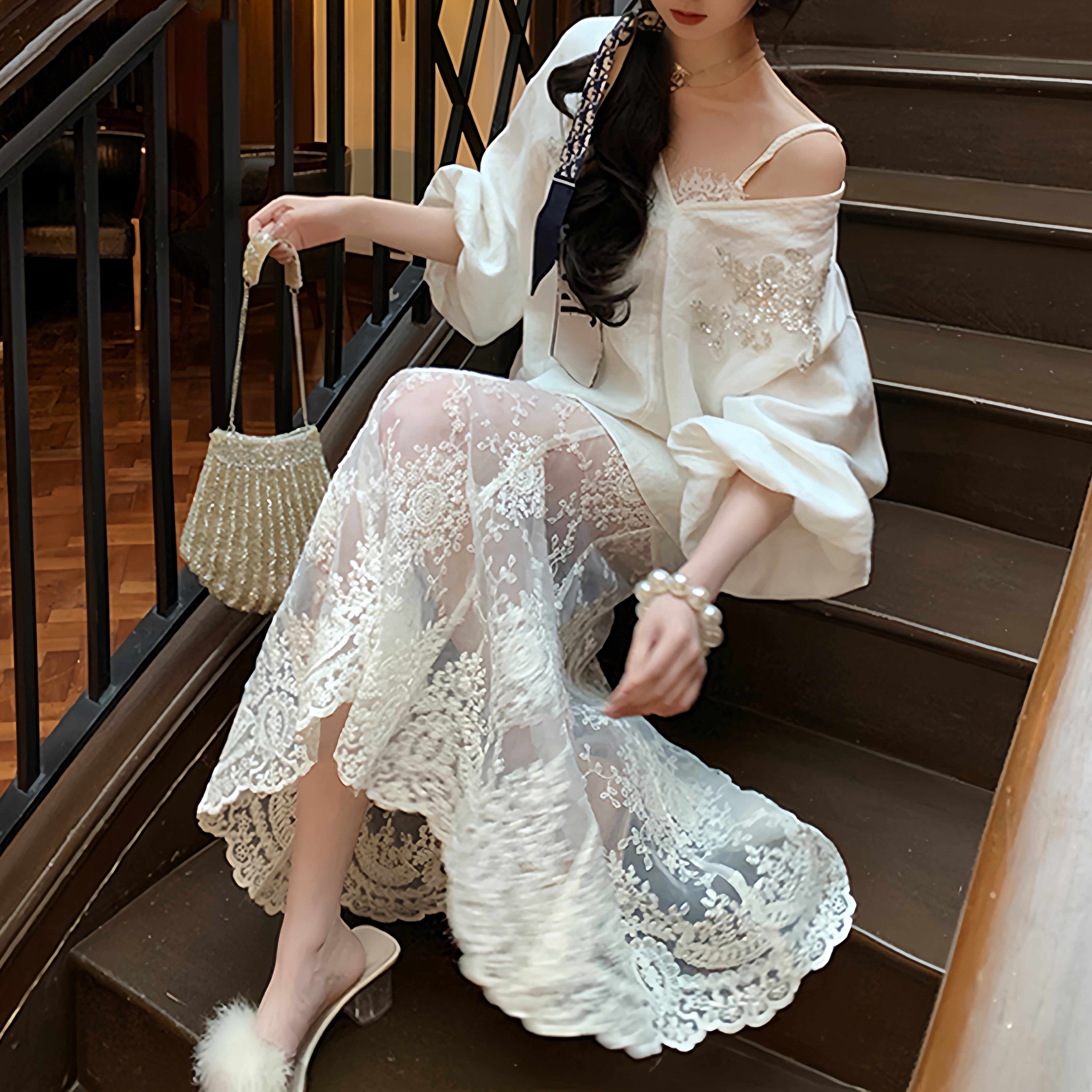 【set】刺繍ブラウス×レースマーメイドスカートセット     N3321