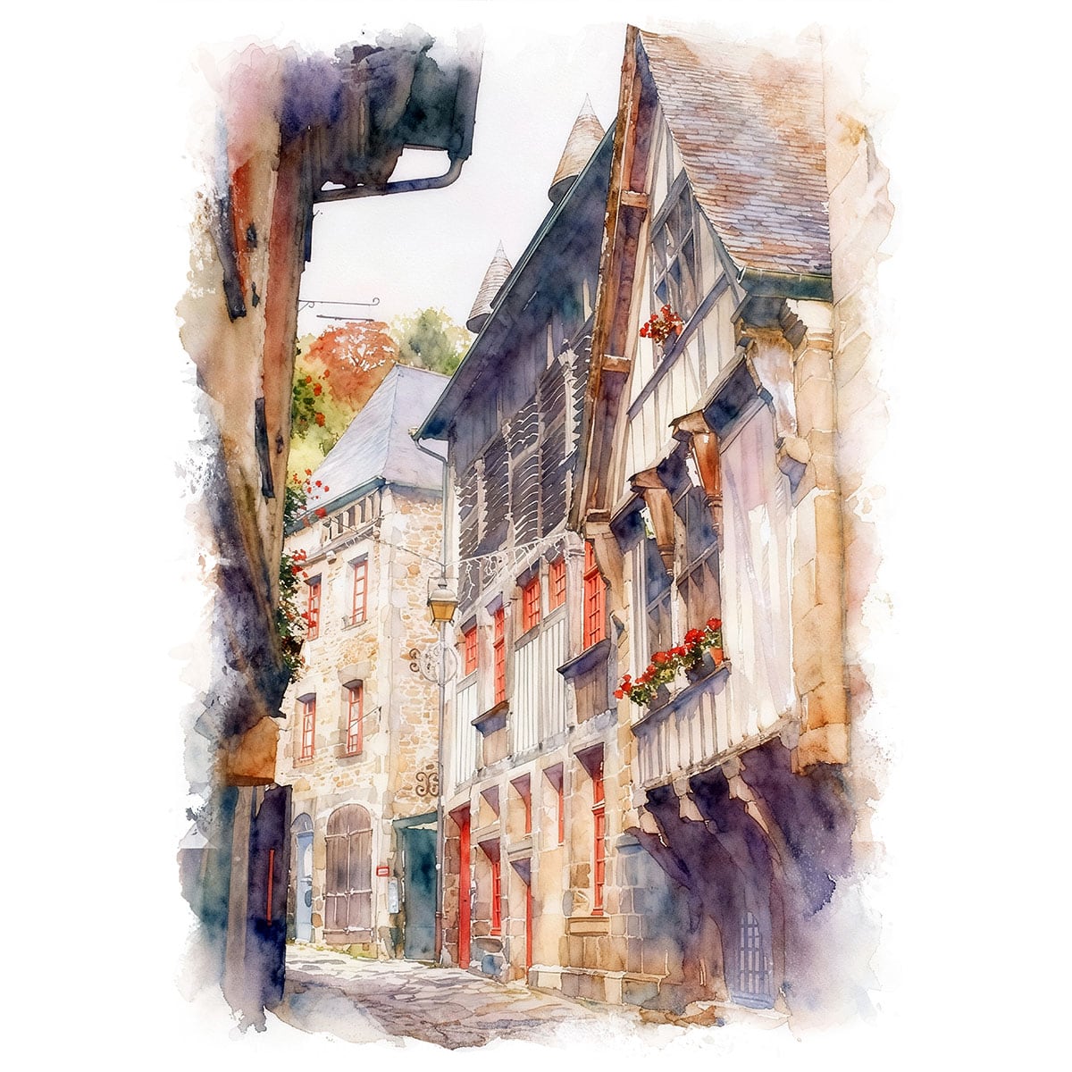 絵画 フランス 風景画 ブルターニュの中世の村 インテリアアート額付き 水彩画・油絵調 WAT0230