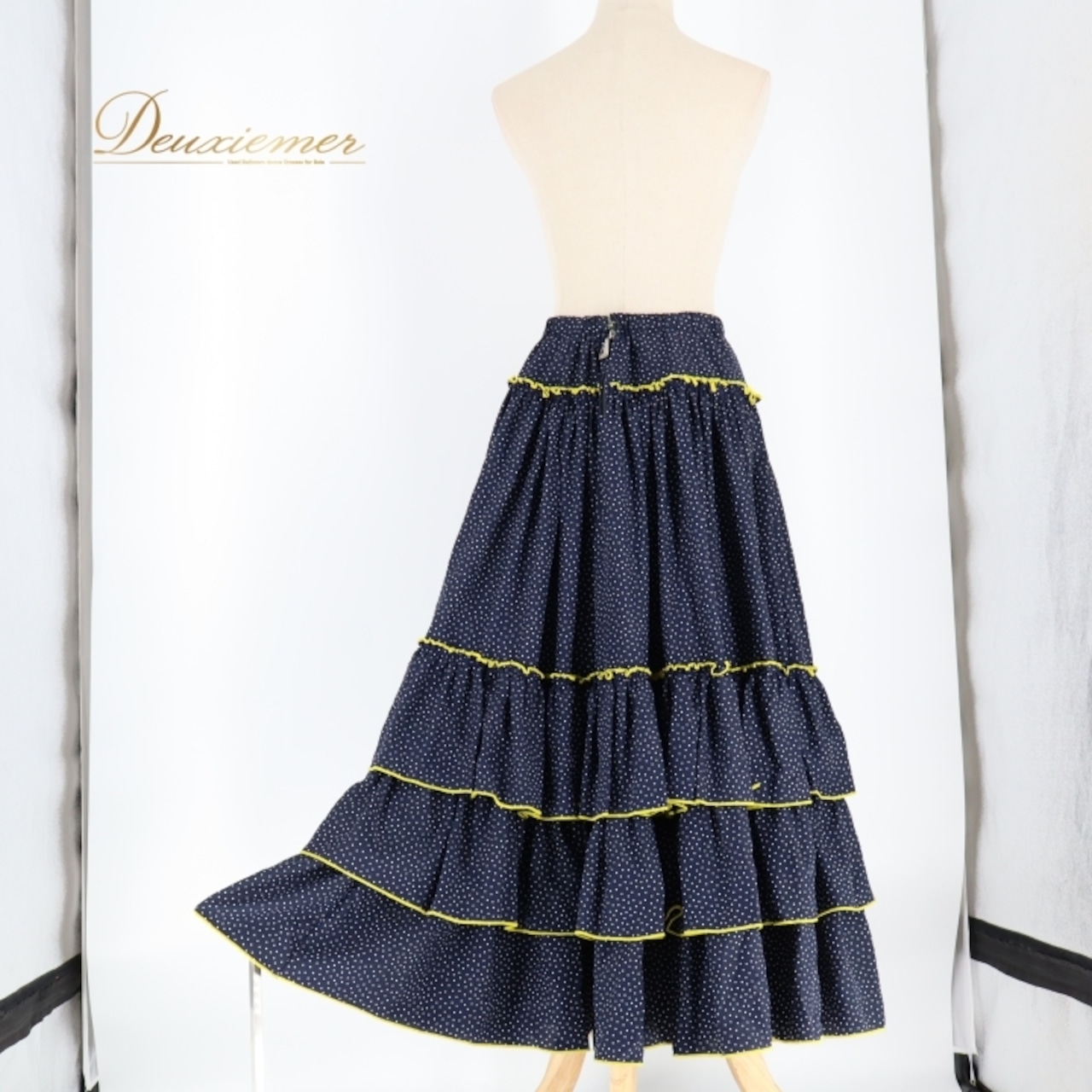 フラメンコ 衣装 ファルダ スカート 黄色 ドット 水玉 紺色 ルーニー RONEY ネイビー系 イエロー系 フラメンコスカート スカート 可愛い レトロ ファルダ レディース おしゃれ パーティ ダンス衣装 イベント用 紺色スカート 水玉模様
