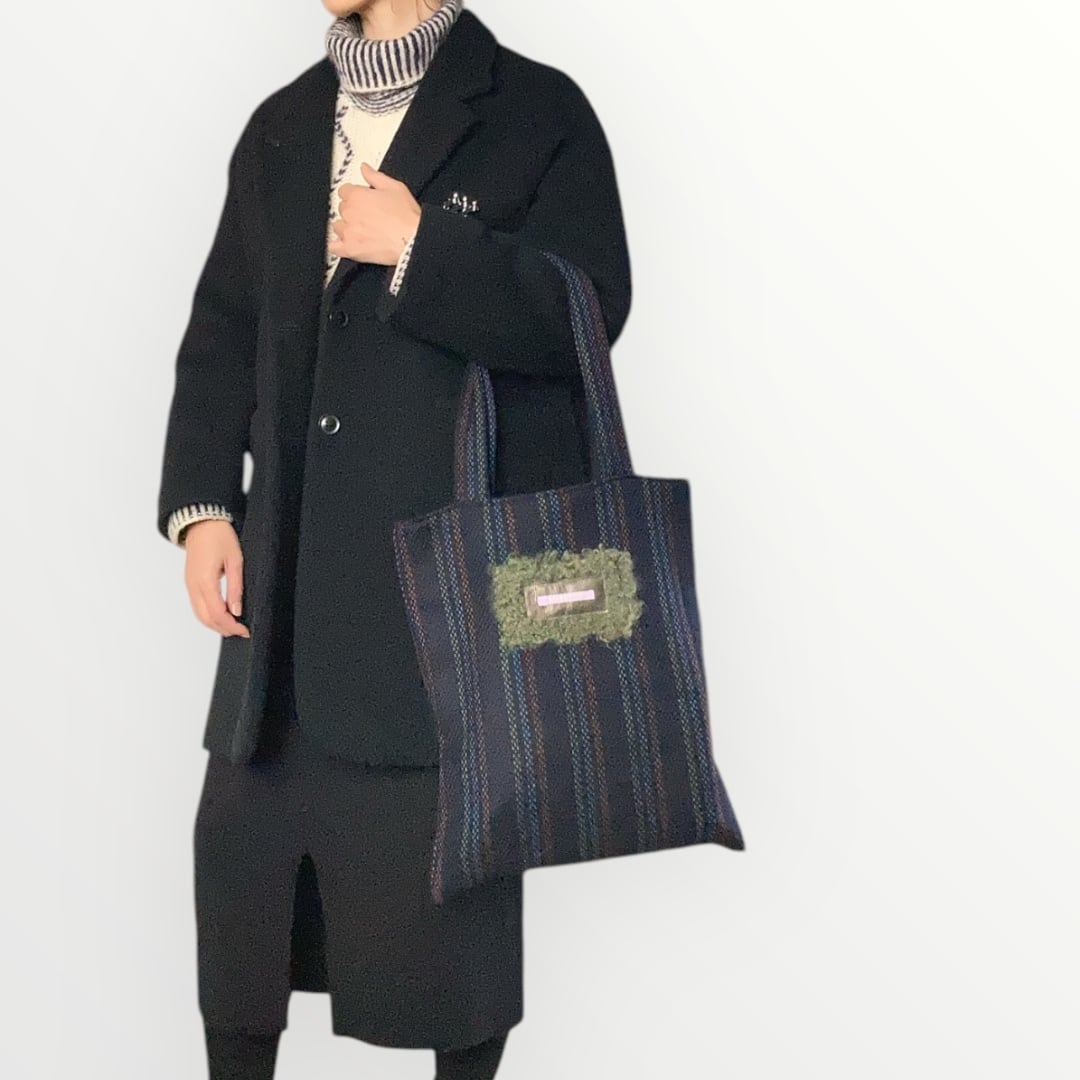 ZOZOTTE テーラー生地カシミアウールトートバッグ/ネイビー系ストライプ柄