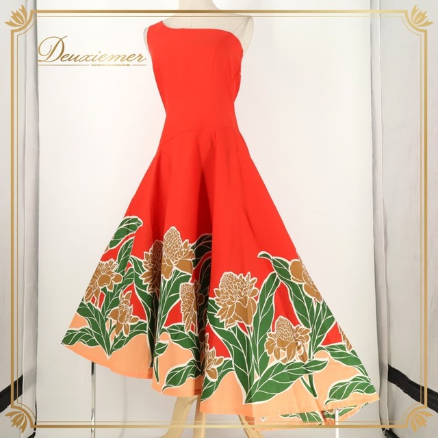 フラダンス 衣装 ALOHA STANDARDS アロハスタンダード ワンピース ドレス レッド系 花柄 植物柄 ワンショルダー アシンメトリー ハワイアンプリント ハワイアン アロハ フラ ダンス レッスン 練習 グリーン系 ブラウン系 ピンク系 赤 緑 茶 サーモンピンク 華やか 鮮やか 可愛い 日本製