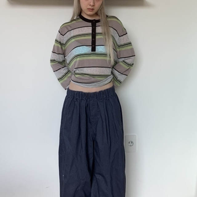 striped henley neck long sleeve tops　m-0031