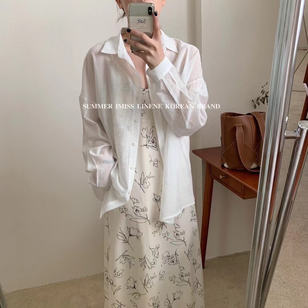 ソリッド カラー薄手ボタンシャツ サマーカジュアルルーズ ロング 夏物 ソリッドカラー ビッグFスモールZ韓国80664937057