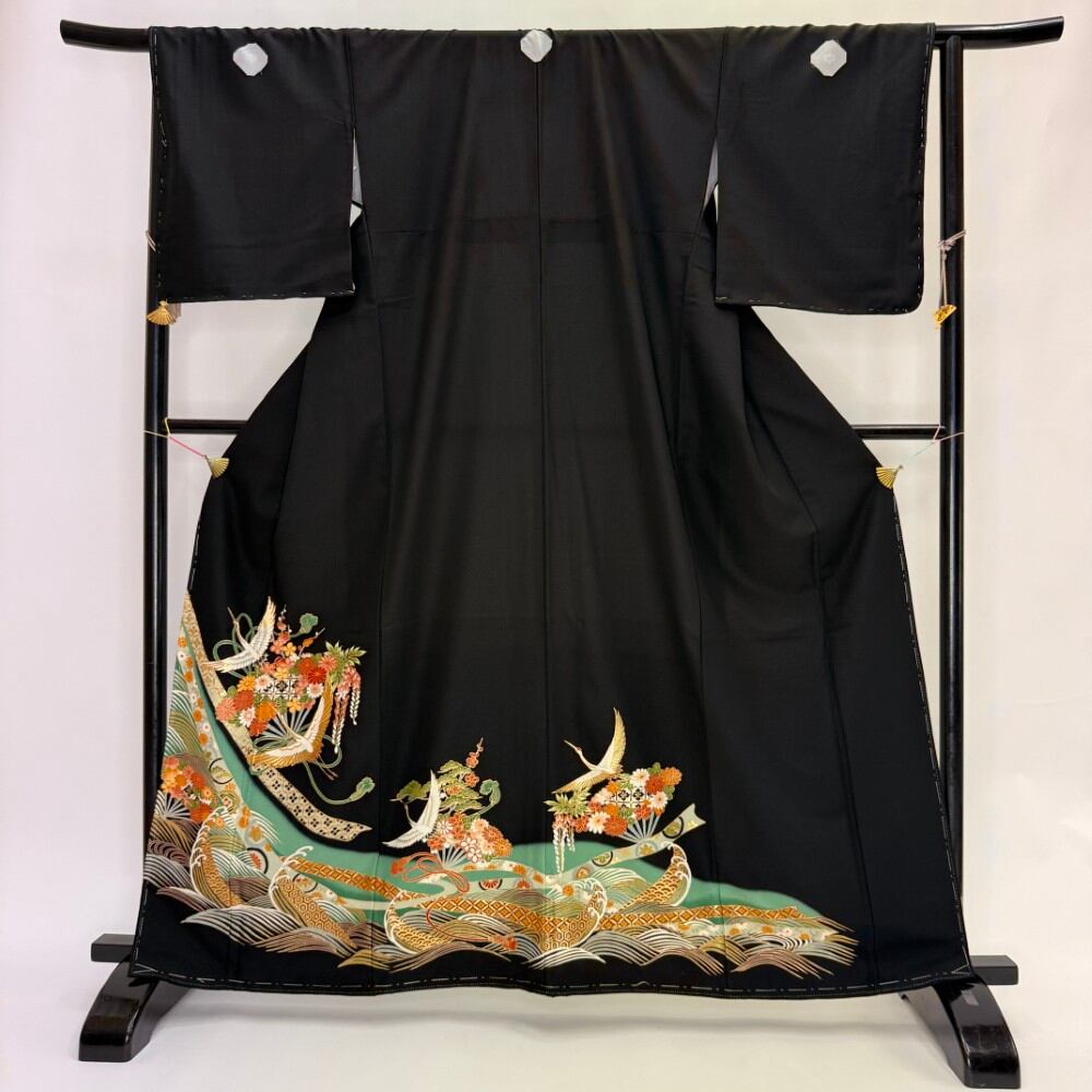 黒留袖 リサイクル着物 安い 裄67cm L size リメイク 中古 礼装 ポリエステル リユース 6222