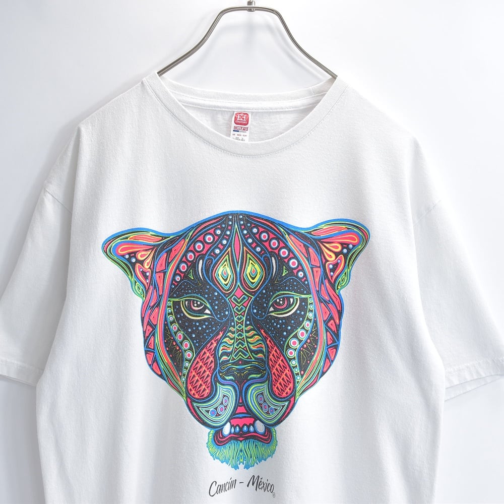 BEuro cotton カラフルジャガーデザインTシャツ Cancún Méxicoプリント ホワイト USED ヴィンテージ ビンテージ 古着 レディース US Lサイズ
