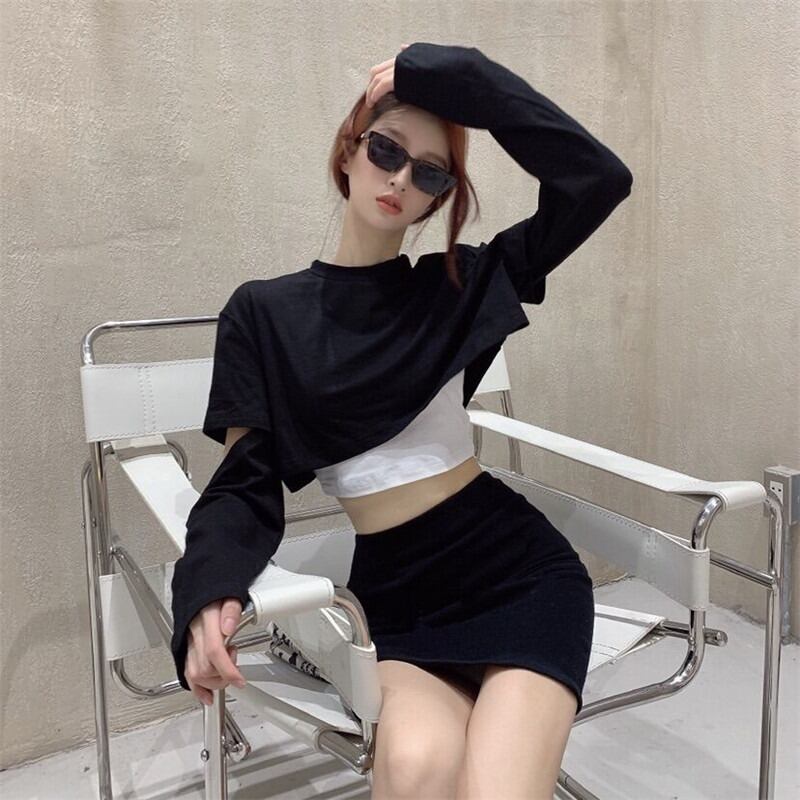 ホールTシャツレディース秋の自家栽培ボトミングシャツブラックショート長袖ファッションイントレンドトップ ブラックストロベリース31017140462