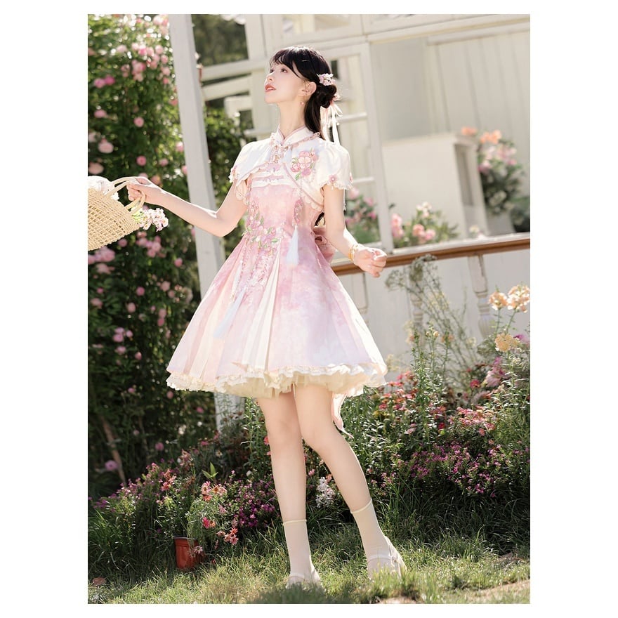 ロリータファッション 甘ロリ花柄キャミワンピ 半袖ボレロ付き