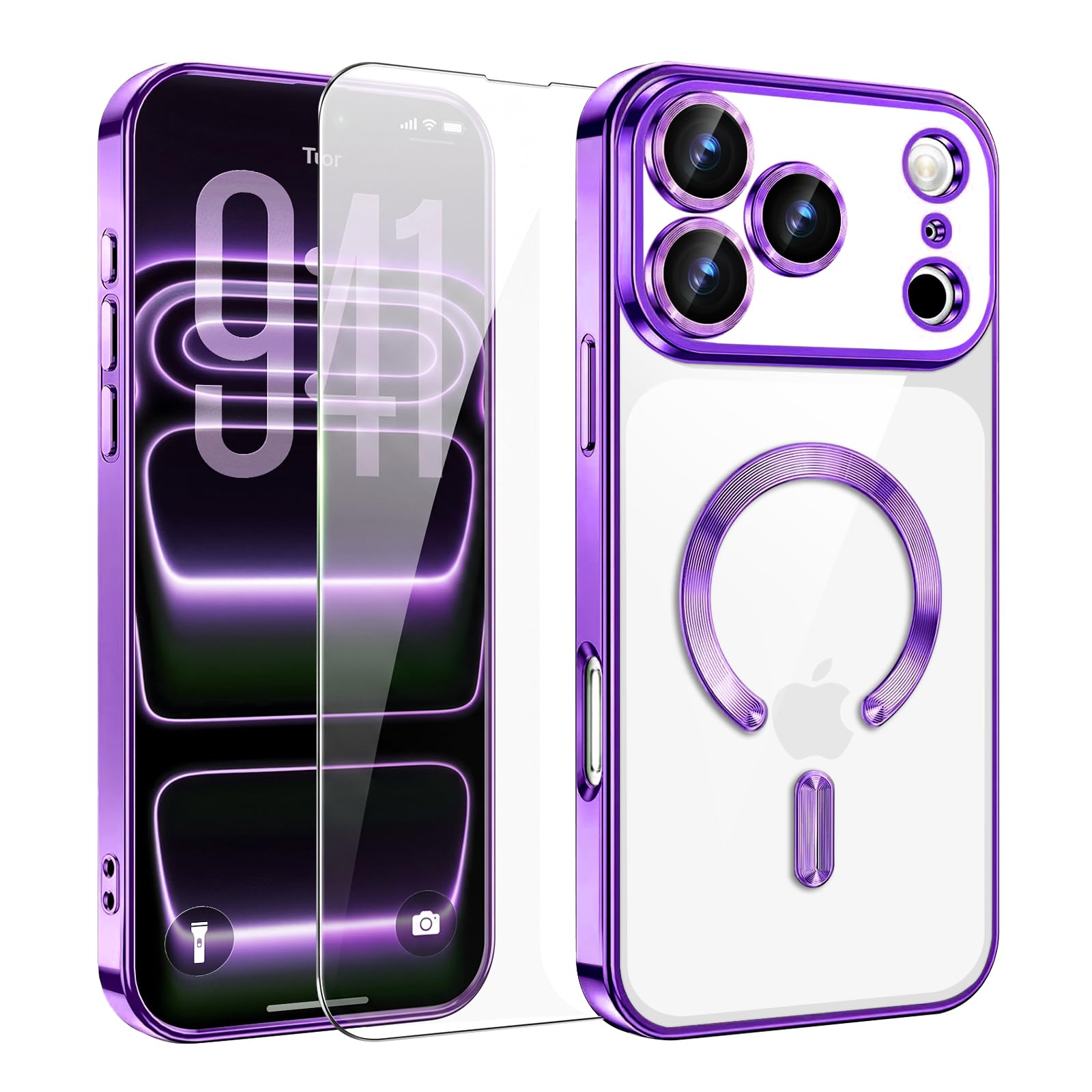 LukecaseliPhone 17 Pro Max & iPhone 18 Pro Max 用マグネットケース、【強化ガラスフィルム & カメラレンズ保護付き】、クリアマグネットラグジュアリープレーティングケース、MagSafe対応、傷つけ防止 スマホカバー (パープル)