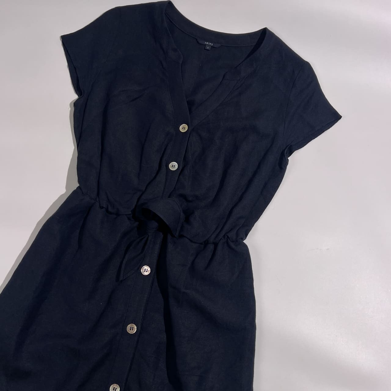 リネン混 SHIPS シップス Vネック フレンチスリーブ ワンピース サイズ S /ネイビー系 レディース ナチュラル