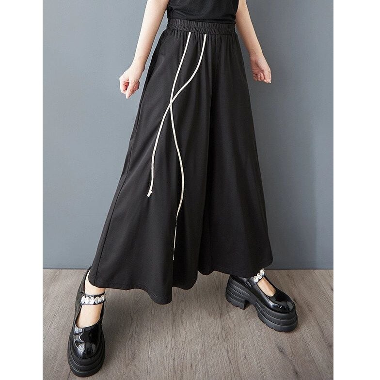 BLACK ELASTIC WAIST A-LINE WIDE LEG DESIGN PANTS 1color M-14743