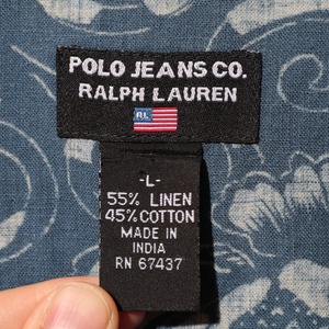 美品 L Polo Jeans コットンリネン ブルー 花柄 総柄 半袖シャツ