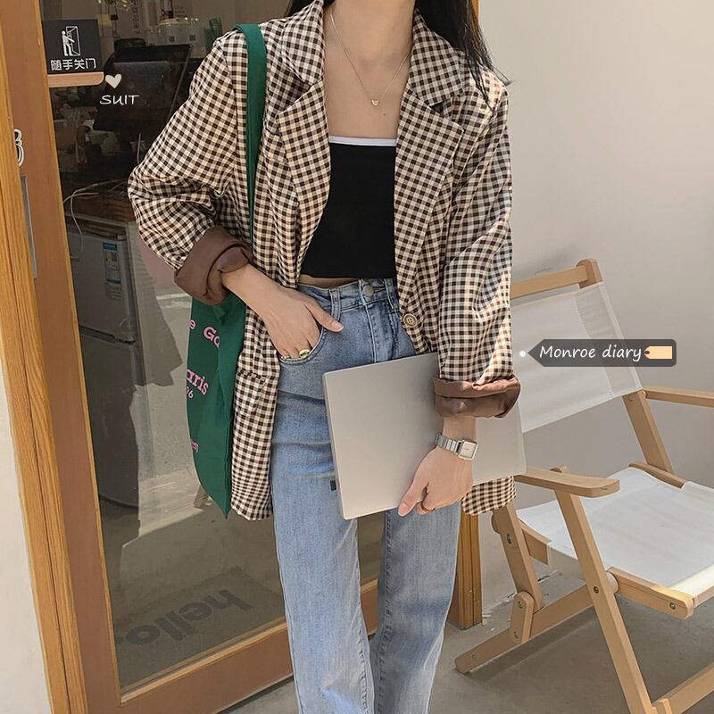 ルーズ格子柄スプリングオータム薄手スタイルジャケット ロング ストリート 春物 秋物 モンロー19581051559