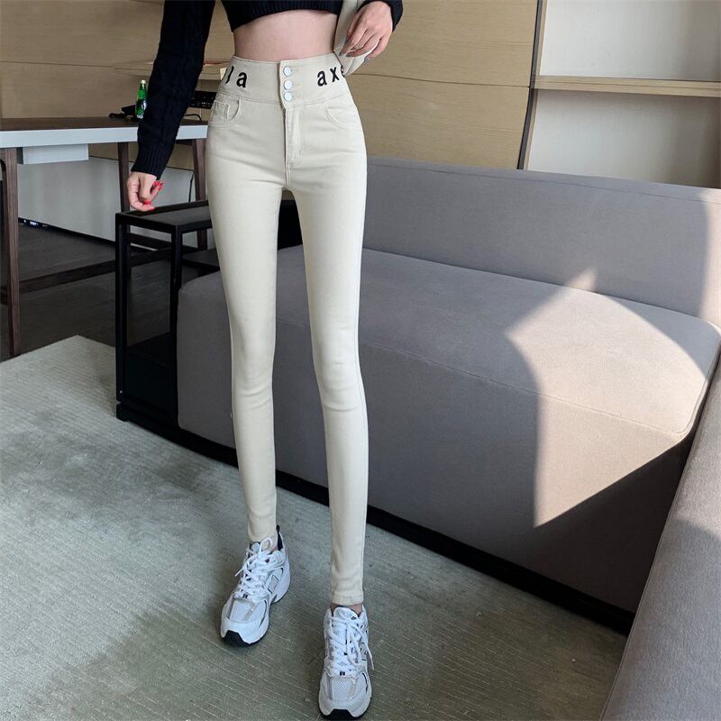 ジーンズ ハイウェストウェストオータムウィンターストレッチパンツ レッド 刺繍 エラスティック 伸縮 秋物 冬物 ブラックストロベリース20423093413