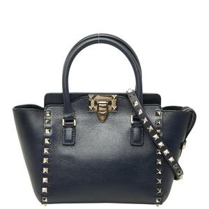 ヴァレンティノ ロックスタッズ ハンドバッグ 2WAY ショルダーバッグ ネイビー ゴールド レザー レディース VALENTINO 【中古】