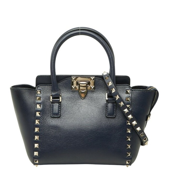 ヴァレンティノ ロックスタッズ ハンドバッグ 2WAY ショルダーバッグ ネイビー ゴールド レザー レディース VALENTINO 【中古】