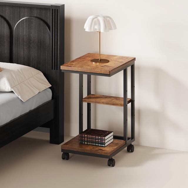 YeTom サイドテーブル キャスター付き ソファーテーブル コの字型ベッドサイドテーブル ソファサイドテーブル ソファテーブル 可移動ナイトテーブル 層板は調節可能 幅40×奥行29.5×高さ51.9cm（キャスター含む）ビンテージ