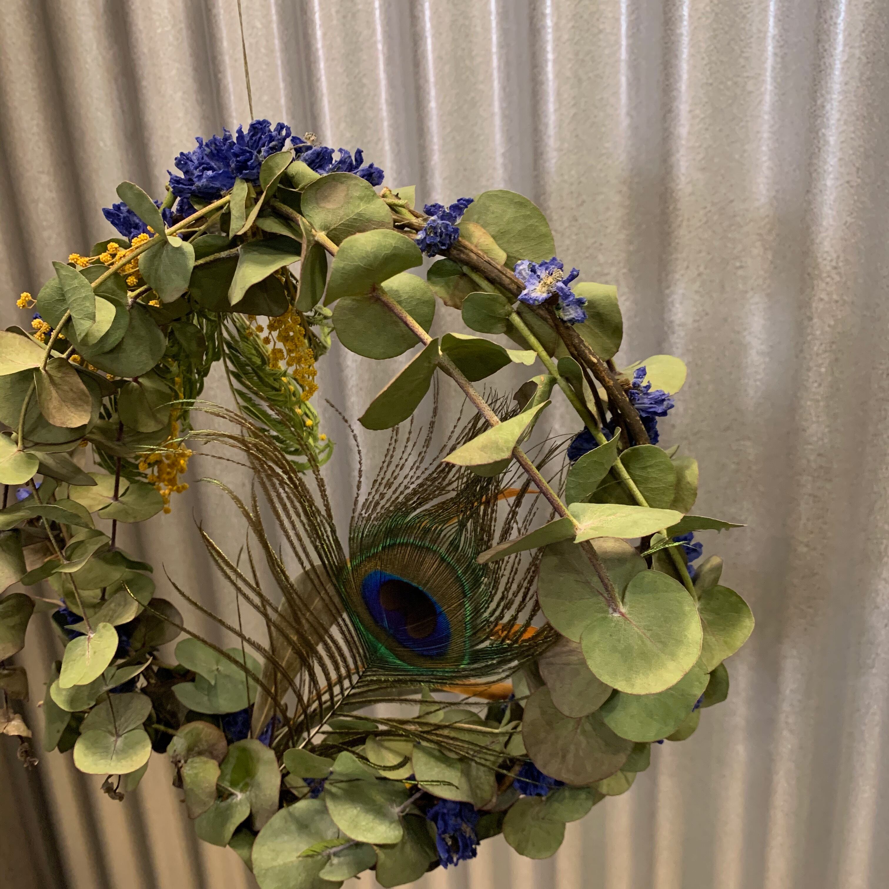 Dried flower wreath ドライフラワーリース フライングリース オーナメント  ミモザ×ユーカリ×デルフィニューム×孔雀羽/0012021 | number12 powered by BASE