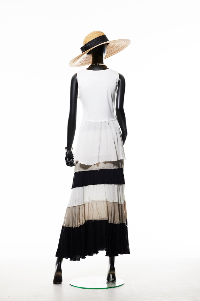 【221S012】三配色ティアードロングスカート　A_ホワイト×アイスグレー×ブラック