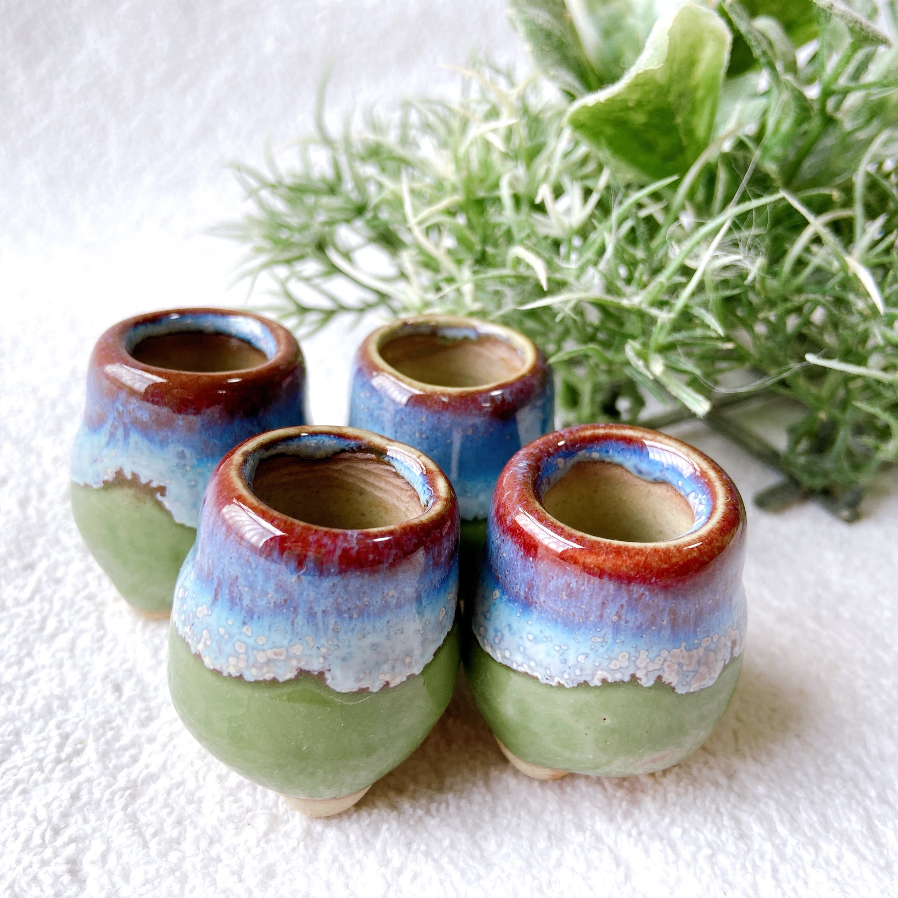 【美品】長方形 陶器 茶色と青のグラデーション　工芸品　陶芸　植木鉢　豆盆栽 グラデーション&濃緑色の陶器製植木鉢 4点セット】 色味のアクセントが